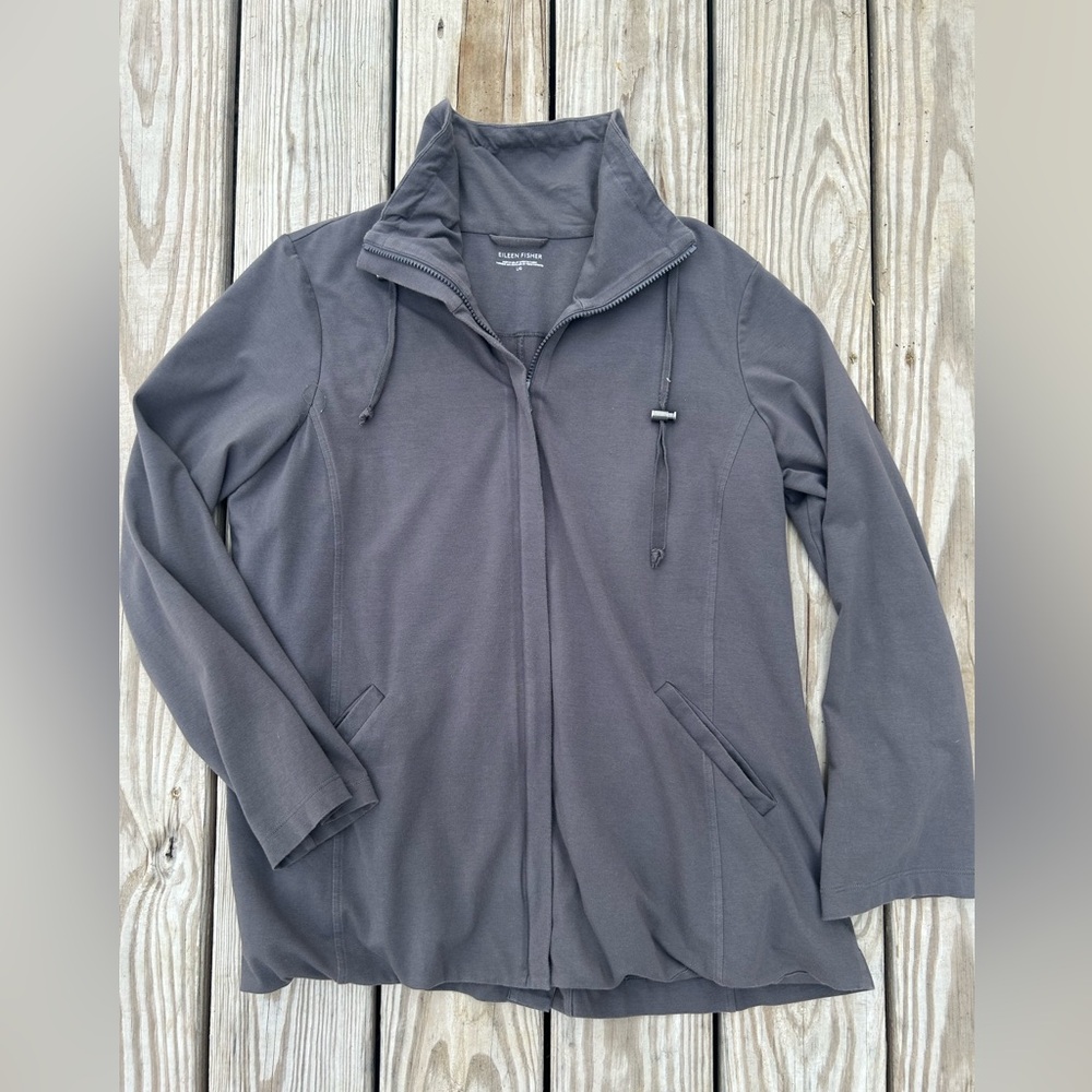EILEEN FISHER Jacket L Organic Cotton Jersey Longline Hoodie Full Zip‎ Gray USA